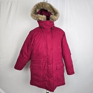 L.L. Bean Goose Down Puffer Parka Jacket Women's XL *** Maroon Fur Trim Vintage